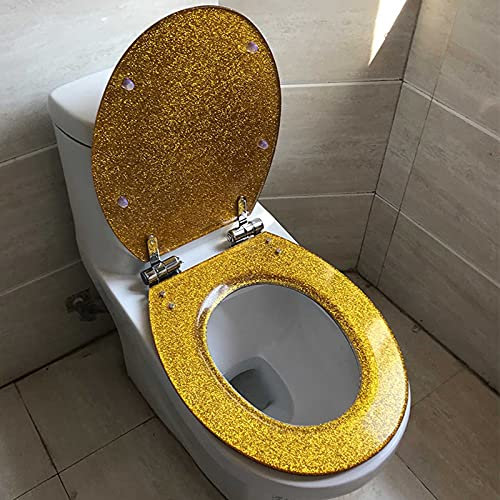 Runder Toilettensitz aus glitzerndem Kunstharz, Absenkautomatik, einfach anzubringen und abzunehmen, Standardtoiletten, Farboption Gold