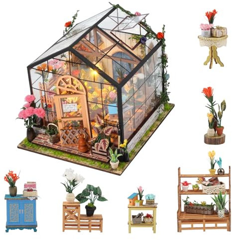 RYAN Invernadero Transparente en Madera DIY Miniature House con Luz LED Casa de Muñecas Maquetas para Construir Adultos Casa de Flores Regalo para un Amigo
