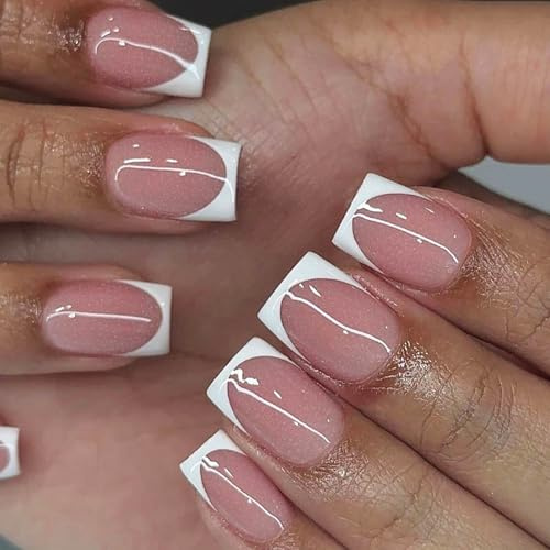 French False Nails Short - 24Pcs White French Fake Nails - Square Press on Nails - Pink White Stick on Nail - Long Lasting False Nail with Glue Removable Art Gifts for Women
