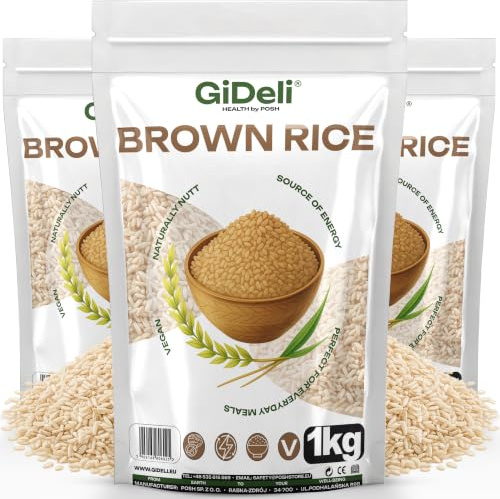 GiDeli Vollkornreis 3x1kg - Brauner Reis Langkorn, Naturbelassen & Nussig | Ungeschältes Korn, Silberhäutchen erhalten, Zip-Beutel, vegan, glutenfrei, für Reiskocher, Bowls, Curry, Salate, Wok