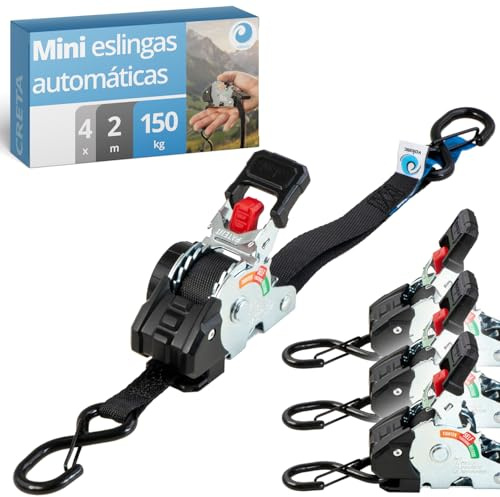 valonic CRETA 2 m, automatiska minispännband för daglig användning, hemma och på resan, 4-pack, 150 kg dragkraft, 19 mm, för vardagsbruk och transport, självrullande