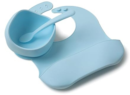Muchmellow - Set Pappa Silicone MADE IN ITALY 3 pezzi, Ciotola con Ventosa Anticaduta, Cucchiaio, Bavaglino Regolabile, Svezzamento, Plastic Free, BPA Free, Lavabile Lavastoviglie (Azzurro)