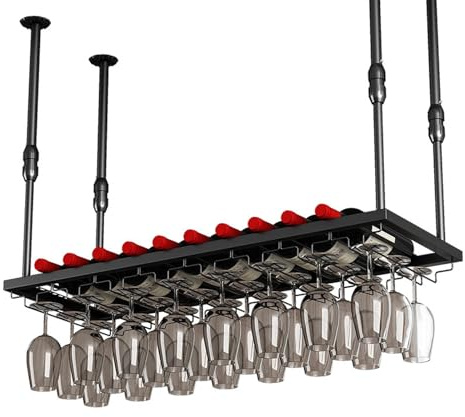 Support de bouteille de vin et porte-verres en métal pour champagne et gobelets, vin noir élégant (120 x 30 cm)