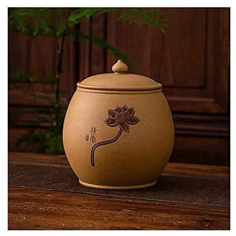 ZENGXJYCQINGJIANG tea caddy Chinese Purple Sand Tea Tins Khaki Ceramic Sealed Tank Storage Tank with Lotus Pattern Decorate for Keeping Dry and Storing Loose Tea Leaves ceramic tea jar(Small)