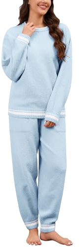 Yuson Girl Pijama Mujer Invierno Forro Polar 2 Piezas Manga Larga Pjs con Pantalones Conjunto Cálido y Suave Pijama con Bolsillos Ropa de Dormir y Lounge(Azul Cielo, S)