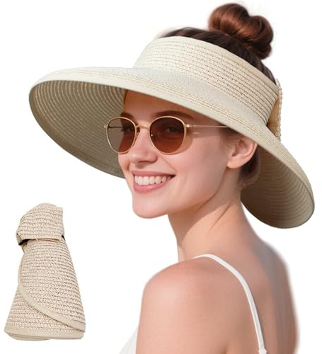 MLPKOI Sombrero de Paja para Mujer, Plegable Vacio Paja de Papel con Visera Sombrero ala Ancha Protección UV Sombreros de Playa Verano para Viajes y Vacaciones