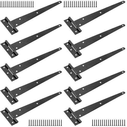 FUNSUEI 10Pcs Heavy Duty 10 Inch T Strap Gate Hinges - 250mm Black Metal Gate T-Hinge with Screws for Garden Gates, Shed Doors & Wooden Fence