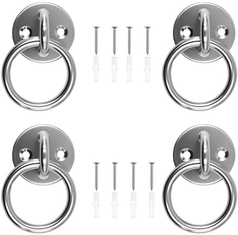 Shwdsy 4 Piezas Argollas de Acero, Placa Ocular de Acero Inoxidable, Orificio de 8 mm Placa de Ojo, Base Redonda, con Tornillos y Tubo Difusor, Apto para Columnas de Madera, Paredes Macizas
