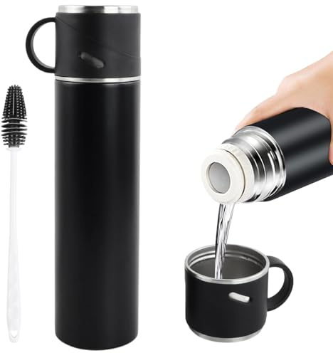 Botella Termica 580ml y Cepillo de limpieza, Botella Agua Acero Inoxidable con Taza Termo Café Sin BPA con Asa y Tapa Hermética a Prueba de Fugas Botella Termica para llevar Camping Trabajo (Negro)