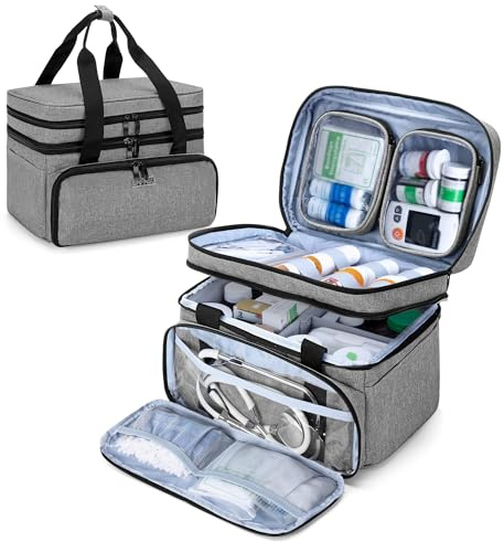 BAFASO Medikamententasche Groß, Erste-Hilfe-Tasche für Reisen & Unterwegs | Reiseapotheke mit mehreren Fächern, Mitnehmertasche für Arzneimittel, Pillentasche für Medikamente, Grau