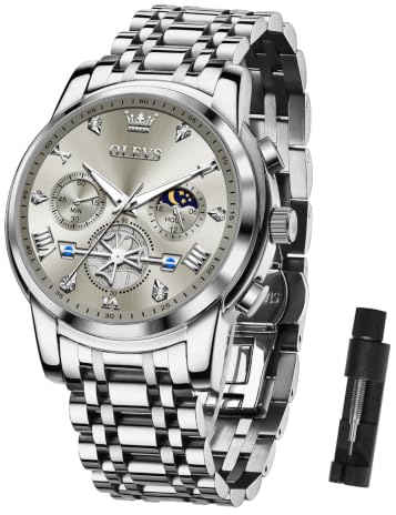 OLEVS Montre chronographe pour homme en acier inoxydable, grand cadran facile à lire, chiffres romains, montre classique étanche lumineuse à quartz analogique pour homme, 2856-cadran gris/bracelet