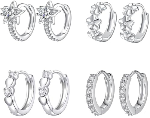 Hinvan 925 Sterling Silver Hoop Örhängen Med Zirkonia Små Örhängen Silverring Kvinna Blomma Stjärna Hjärta Örhängen för Kvinnor Flickor Hypoallergeniska