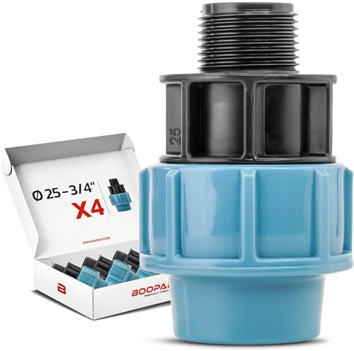 BOOPARTS – Raccordo Maschio a Compressione PP Ø25 mm x 3/4 per Tubo PE | Raccordo per Irrigazione e Giardino | Set da 4 Pezzi