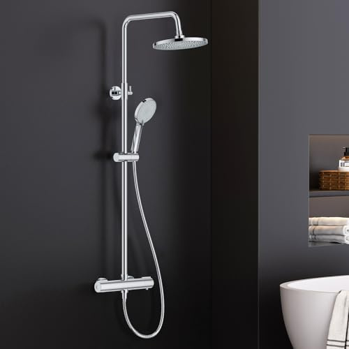 FORIOUS Colonne de Douche Thermostatique, Ensemble de Mitigeur Douche en Acier Inoxydable avec Barre de Douche à Hauteur Réglable, Douche Plafond Ronde de 25 cm, Douchette à Main avec 3 Types de Jets
