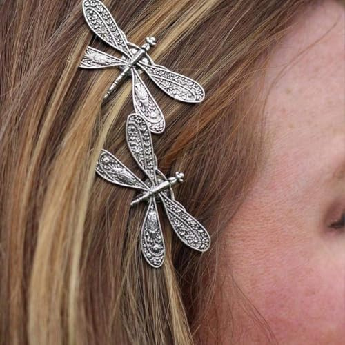 2 fermagli per capelli a forma di libellula, color argento, stile francese, retrò, anticato, per acconciature da sposa, accessori per capelli per ragazze e donne
