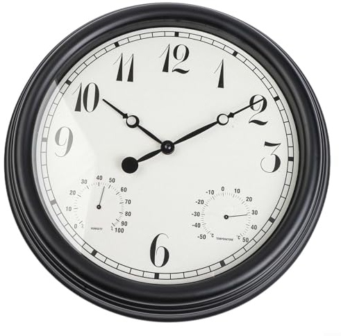Zoegneer 38,1 cm Outdoor-Wanduhr mit Thermometer und Hygrometer, groß, leicht zu lesen, wasserdicht, leise, nicht tickend, rostfreier Rahmen für Terrasse, Garten, Pool, Seite und Hof, Dekoration