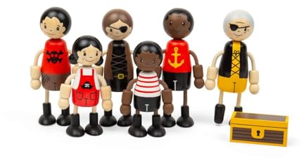 Bigjigs Toys Piratdockor | Uppsättning av 6 pirater för dockhus i trä eller skeppsleksak | Träfigurer för barn rollspel spel | Inkluderar liten skattkista | Fantasy-karaktär lekset för barn