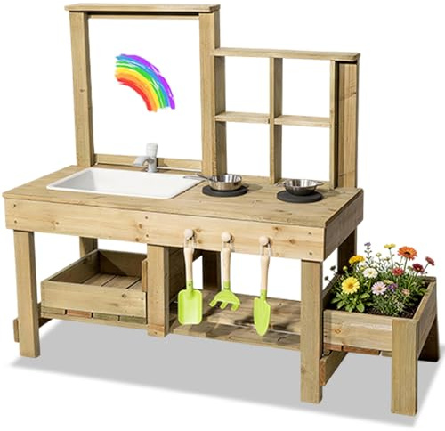 Mud Kitchen Playset for, Outdoor Wooden Toy Play Kitchen Set for Boys and Girls, Kitchen Accessories and Garden Sink with Faucet, Blackboard (Natural1)