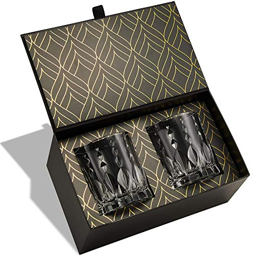 World’s First Eco-Friendly Crystal Whiskey Glasses - European Crafted Set of 2 Monarch Glass Tumblers (340ml) for Scotch, Bourbon, Old Fashioned Cocktails & Drinks - Elegant Gold Foil Gift Box