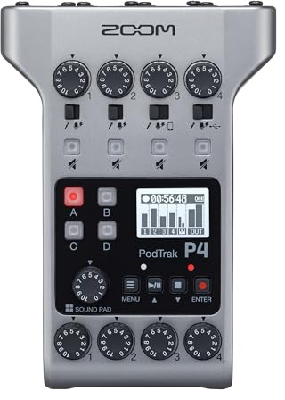 Zoom PodTrak P4 Podcast Recorder with 4 XLR Mic Inputs, 4 Headphone Outputs, Phone & USB Input for Remote Interviews, Sound Pads, 2-In/2-Out USB Audio Interface, Battery Powered