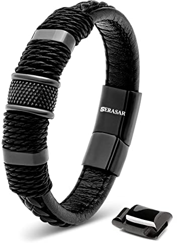 SERASAR Herrenarmband Leder 23cm Schwarz Männer Armband Armreif Herren Lederband Herrenarmreif Armschmuck Schmuck Armkette Flecht Wickelarmband Kette