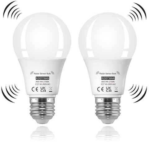 KOOYWAN A60 9W E27 LED Lampe mit Radar Bewegungsmelder 2700K 2stk A19b | Integriert: Radar & Dämmerungssensor (5m Radius). Auto On/Off. Alu im Kunststoff: 25000H. 1.5m Lampenabstand. Flur, Garage.