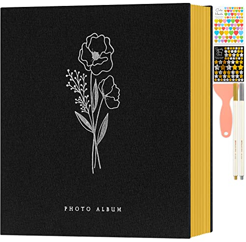 Lanpn Fotoalbum Selbstklebend Einkleben Scrapbook, Leinen Groß Weiße Seiten Fotobuch zum Selbstgestalten mit Metallischer Stift 10x15 13x18 A4 A5 Bilder (Große,40 Blatt/80 Seiten,Schwarz)