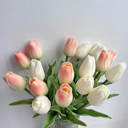HEPENG 32 cm Künstliche Tulpen Blumen Set – Real Touch, 20 Stück in 2 Farben (Weiß und Champagner), Perfekt für Hochzeit, Zuhause, Büro, Küche, Garten, Party, Innen- und Außendekoration