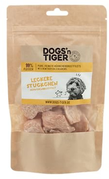 Dogs'n Tiger Leckere Stückchen Hundesnack, Hähnchenbrust, 99%, 4X 80g | Hundeleckerli, gefriergetrocknet, 1% Leinsamenöl, ohne Zucker, Getreide & künstliche Aromen, gut verträglich