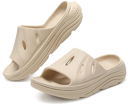 perunvie Womens Recovery Sandals Mens Comfortable Athletic Slides Thick Cushion Lightweight Plantar Fasciitis Sport Sliders of Indoor Outdoor,Arch Support Orthotic Open Toe, Beige, 7.5 Women/5.5 Men