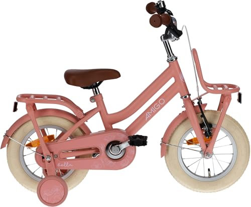 AMIGO Bella - Kinderfahrrad - 12 Zoll - mit Handbremse, Rücktritt, Lenkerpolster und Stützräder - ab 3-4 Jahr - Lachsrosa