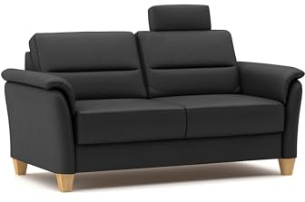 CAVADORE Leder 3er-Sofa Palera / Landhaus-Couch mit Federkern, Kopfstütze + massiven Holzfüßen / 179 x 89 x 89 / Leder Schwarz