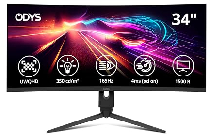 ODYS XP34 PRO - 34 Zoll (86 cm) UWQHD Curved Gaming Monitor (3.440x1.440 Pixel, 165 Hz, 1ms Reaktionszeit (MPRT), 1500R Radius, AMD FreeSync, HDMI 2.1, Display Port 1.4, 3,5mm Audio)
