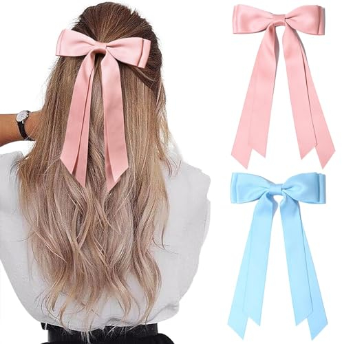 Lilbitty 2 Stück seidige Satin Haarschleifen, Haarspange, Haarband, Blau-Rosa Pferdeschwanzhalter, Metallklammern, Haarschleife für Damen