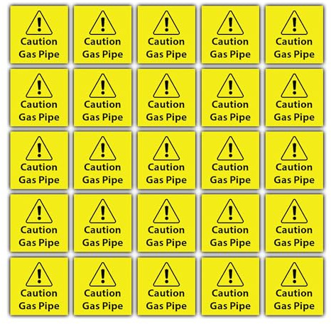 25 Pack Caution Gas Pipe Sticker Signs label - 55mm x 55mm - Construction Hazard Sticker