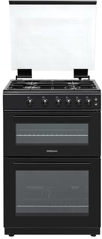 Statesman GDL60B Double Oven Gas Cooker with Glass Lid & Closed Door Grilling, 4 Gas Burners, 60cm Wide, Black