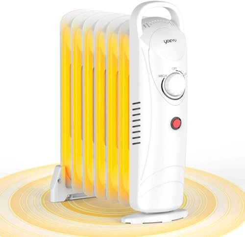 YOEVU - Mini Radiador 800W | 7 Elementos de Calor | Eficiencia Energética | Protección Contra Sobrecalentamiento | Base Estable | Acero Inoxidable | Compacto y Portátil, Blanco