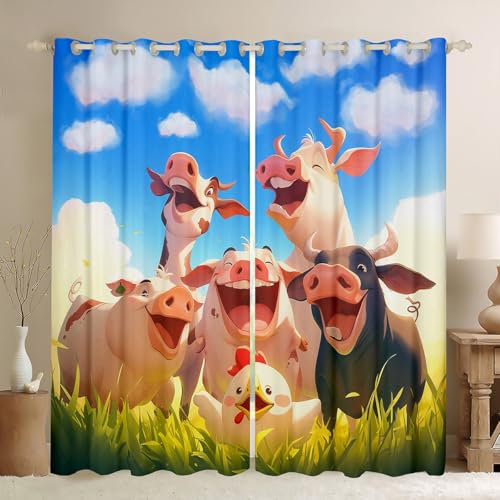 feelingyou Tenda per finestra per bambini, motivo: fattoria dei cartoni animati, stile kawaii, mucca, gallina, divertente, stile infantile, tende per camera da letto, tende per finestre, 167 x 182 cm