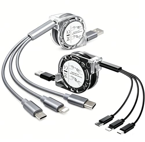 2 Pcs Retractable Multi Charger Cable, 3 in 1 Charging Cable 1M, Usb c to usb c/lightning/Micro USB Connector Port phone Charger Connector compatible with iPhone Android Huawei Samsung Xiaomi