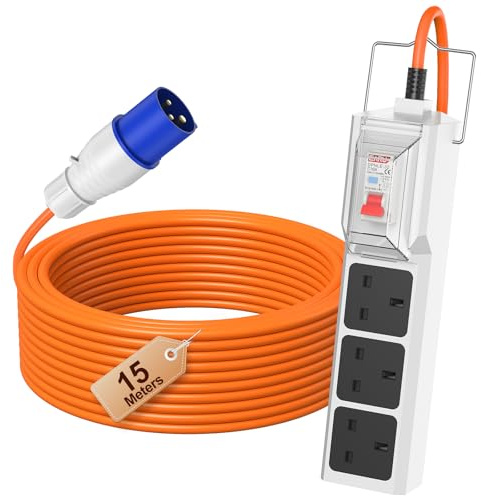 FDTEK Camping Electric Hook up Cable, 15m RCD Extension Lead with 3 UK Sockets, Camping Essentials for Motorhome, Caravan, Campervan, Tent Extension