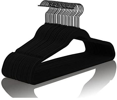 MIZGI Premium All Black Velvet Hangers with Black Hooks (50 Pack) Heavy Duty - Non Slip Felt Hangers - 360 Degree Swivel,Space Saving Clothes Hangers,Durable Strong Hanger for Suits,Coat