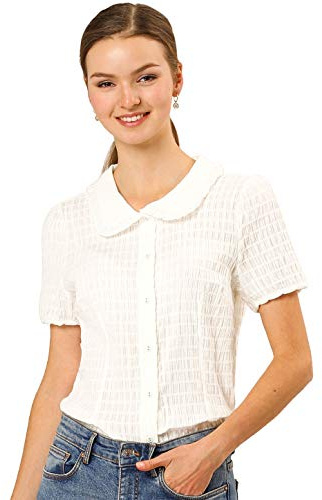 Allegra K Women's Sweet Peter Pan Collar Button Up Soft Short Sleeve Shirt White M-12