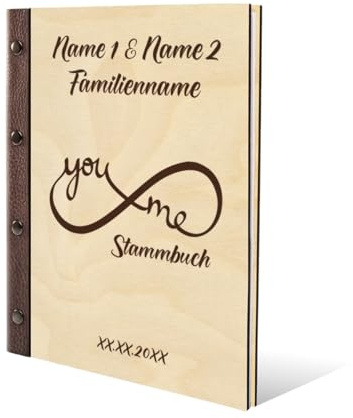 Personalisiertes Stammbuch Hochzeit aus echtem Holz mit Leder Rücken A5 oder A4 inkl. vorgedruckten Seiten - Unendlichkeit