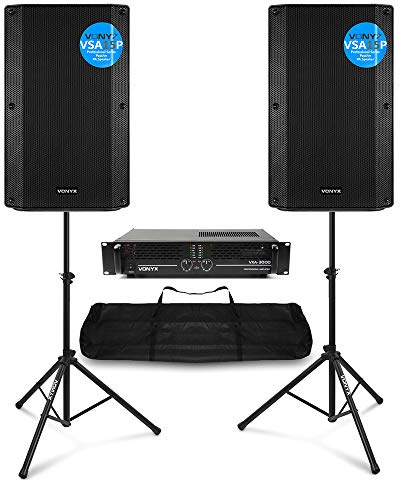 VONYX VSA15P Passive PA Speaker System with VXA-3000 Amplifier, Dual 15-Inch 2000W DJ Speakers, Tripod Stands, NL2 Cables - Mobile DJ Disco Audio Kit