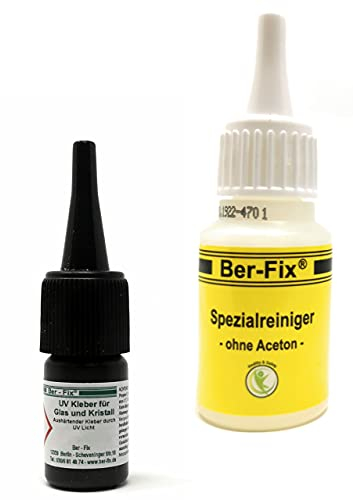 Ber-Fix UV-Kleber 3g - Glasklarer, niedrigviskoser Spezialklebstoff für dauerhafte Verklebungen von Glas mit Metall + Reiniger