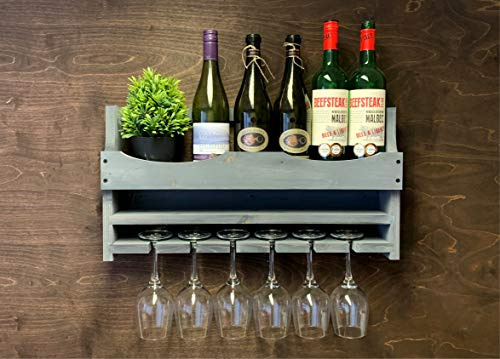 Wooden Grey Wine Bottle Holder and 6 Glass Wall Mounted Display (6GR)(EM)