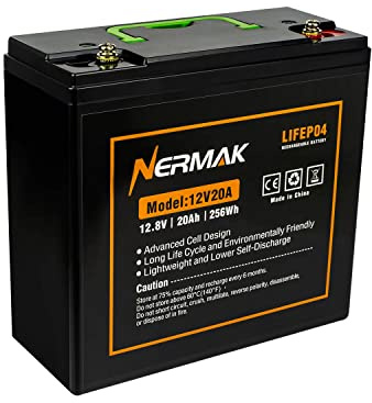NERMAK 12V 20Ah Lithium LiFePO4 Deep Cycle Battery, 2000+ Cycles Lithium Iron Phosphate Rechargeable Battery for Solar Power, Lighting, Outdoor camping, Power Wheels, Fish Finder, Built-in 20A BMS