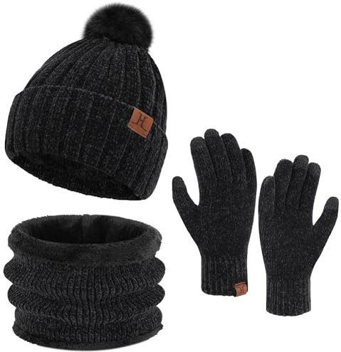ZASFOU Femme Bonnet d’hiver Chapeaux Foulard Écran tactile Gants Set doublé chenille tricot Bonnets cache cou polaire doublé,Noir