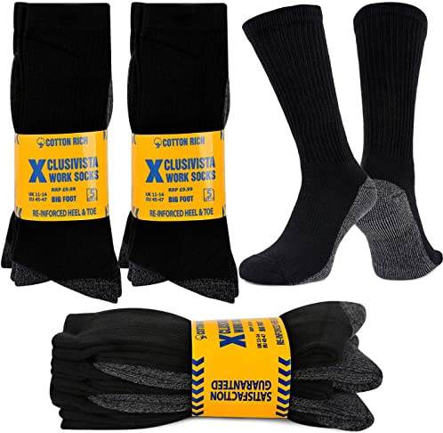 Xclusivista 10 Pairs Men's Big Foot Work Socks UK Size 11-14 Pack of Long Boot Full Cushion Force Performance With Reinforced Heel & Toe For All Seasons., Black
