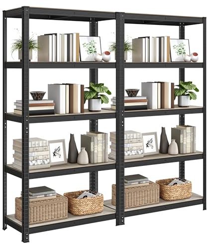 Songmics Ståhylla, set om 2, bokhylla, förvaringshylla, 5 hyllor, justerbar, 40 x 90 x 180 cm, kan belastas upp till 875 kg, för kök, vardagsrum, grepp-svart GLR040B22